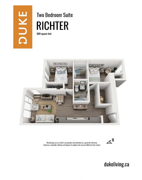 Floor plan for 2 beds, 2 baths, 801 sqft